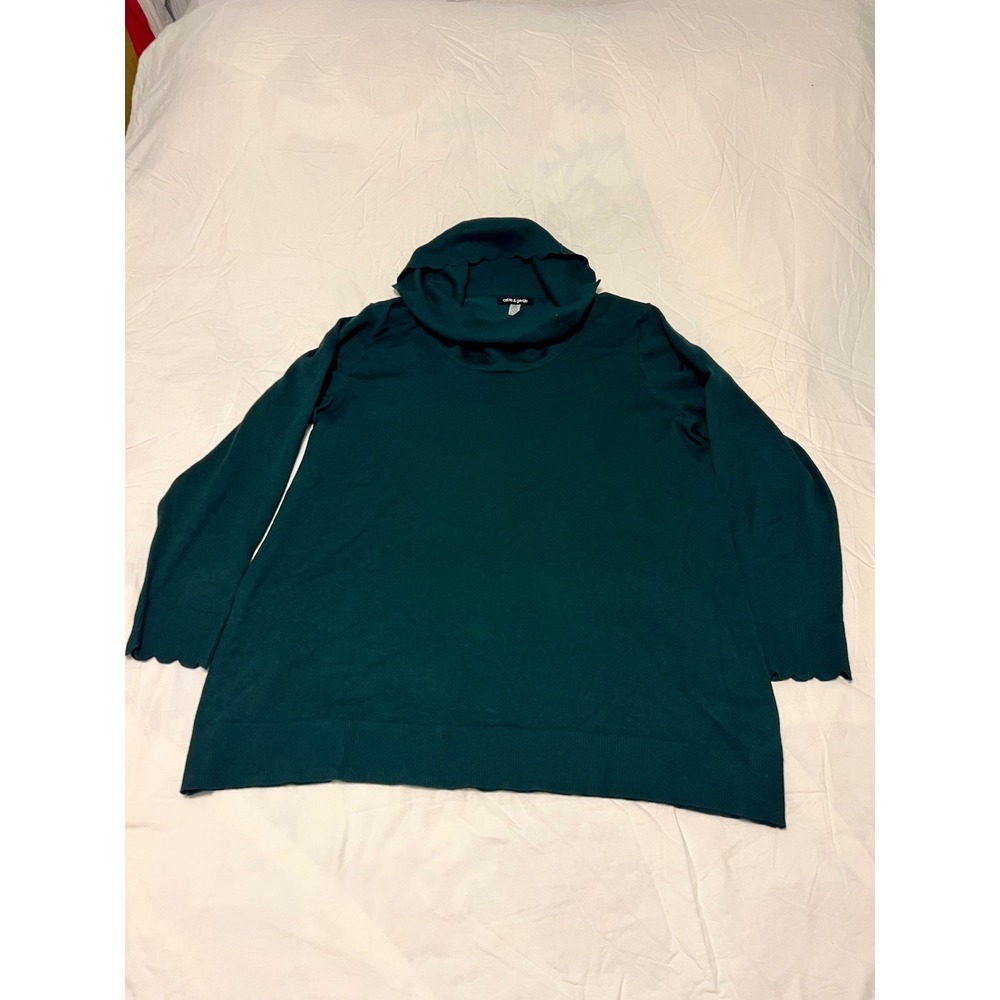 Cable & Gauge Forest Green Scalloped Cowl Neck Knit Sweater Womens 1X Pullover